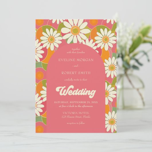 Retro groovy oranje roze en witte disies kaart (Staand voorkant)