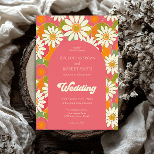 Retro groovy oranje roze en witte disies kaart