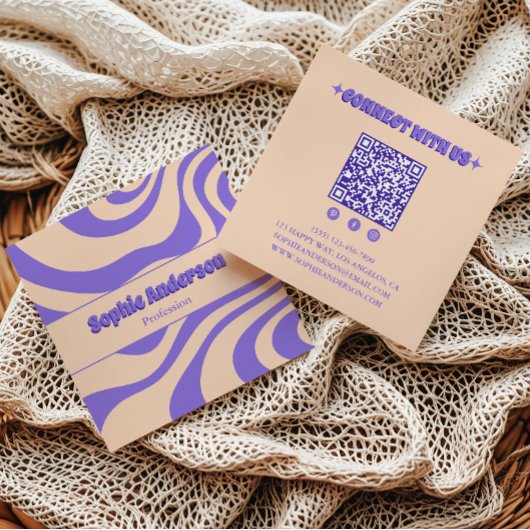 Retro Groovy Paarse Abstract met QR-code Vierkante Visitekaartje