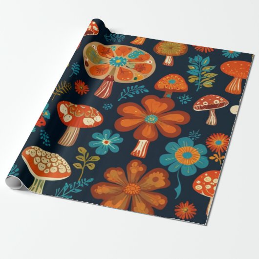 Retro Groovy-paddenstoelenpatroon Cadeaupapier (Uitgerold)