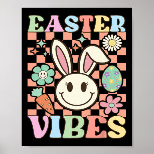 Retro Groovy Pasen Vibes Bunny Geruite Smile Wo Poster