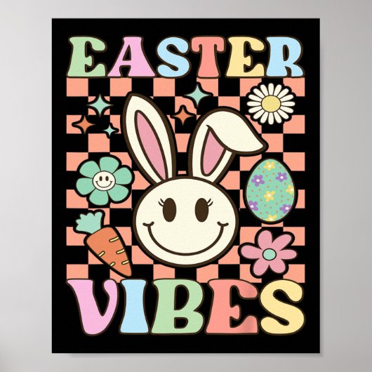 Retro Groovy Pasen Vibes Bunny Geruite Smile Wo Poster (Voorkant)