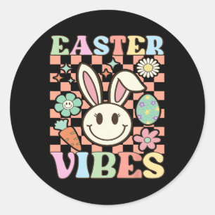 Retro Groovy Pasen Vibes Bunny Geruite Smile Wo Ronde Sticker