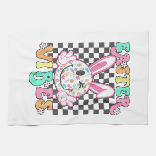 Retro Groovy Pasen Vibes Konijn Geruit Glimlach Wo Theedoek
