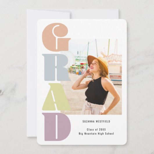 Retro Groovy Pastel 2 foto Afstuderen Aankondiging (Voorkant)