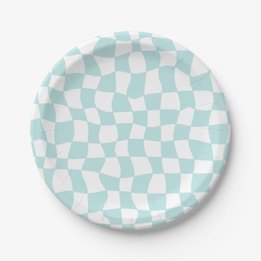 Retro Groovy Pastel Blue White Checkered Papieren Bordje (Voorkant)