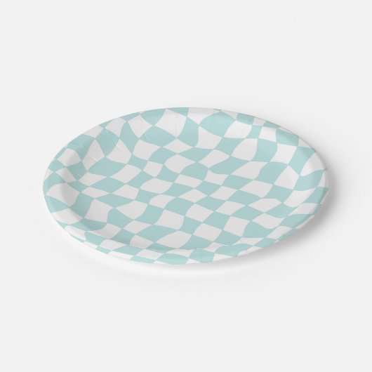 Retro Groovy Pastel Blue White Checkered Papieren Bordje (Gekanteld)