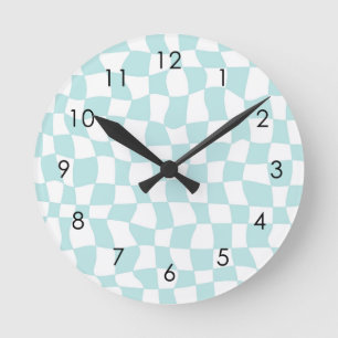 Retro Groovy Pastel Blue White Checkered   Ronde Klok