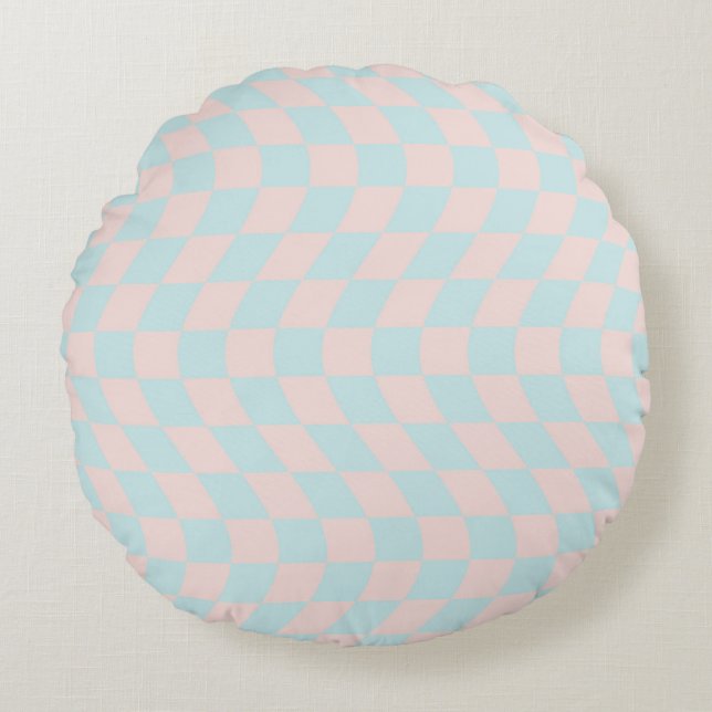 Retro Groovy Pastel Controles geplooid gecheckt Rond Kussen (Voorkant)