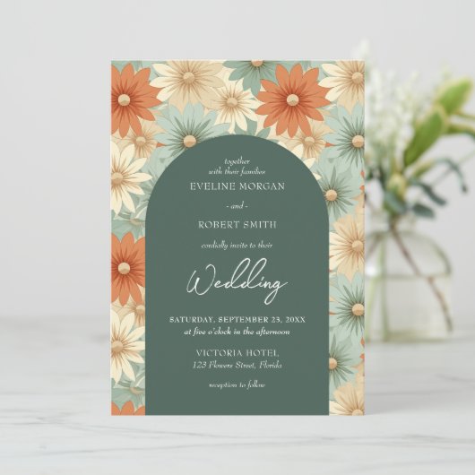 Retro groovy pastel kleuren bloemen boho boog kaart (Staand voorkant)