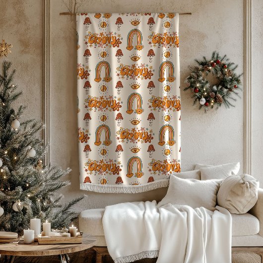 Retro Groovy Pastel Rainbows and Mushrooms Blanket Fleece Deken