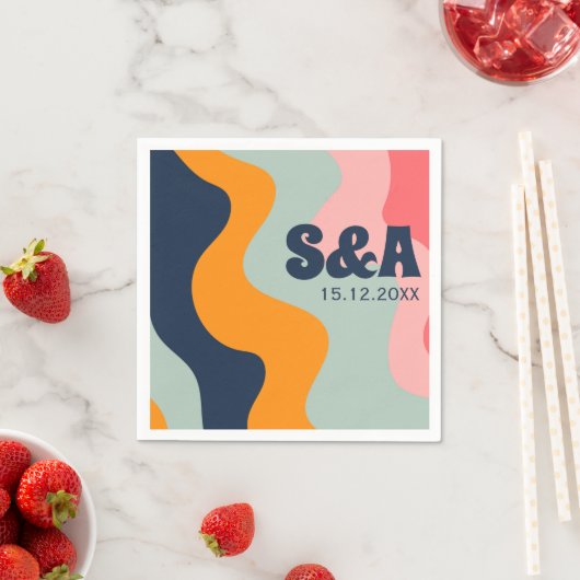 Retro Groovy Pastel Roze Blauw Sinaasappel Bruilof Servet (Insitu)