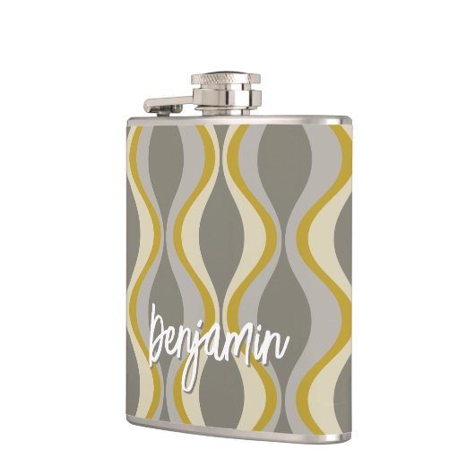 Retro Groovy Patroon - Monogram - Gouden Taupe Heupfles (Links)