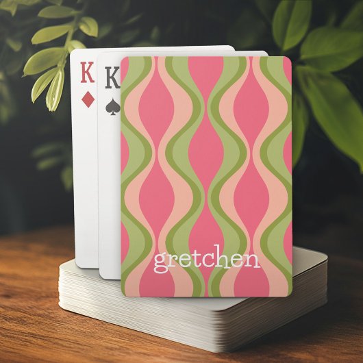 Retro Groovy Patroon - Monogram - Olijfroze Pokerkaarten