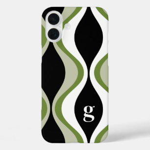 Retro Groovy Patroon - Monogram - Olijfzwart iPhone 16 Plus Hoesje