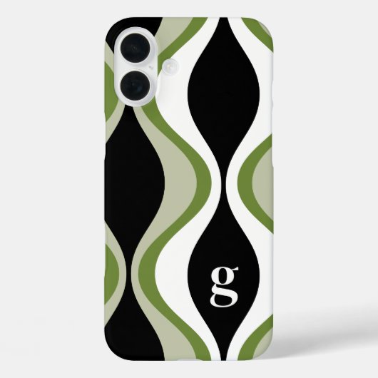 Retro Groovy Patroon - Monogram - Olijfzwart Case-Mate iPhone Case (Achterkant)