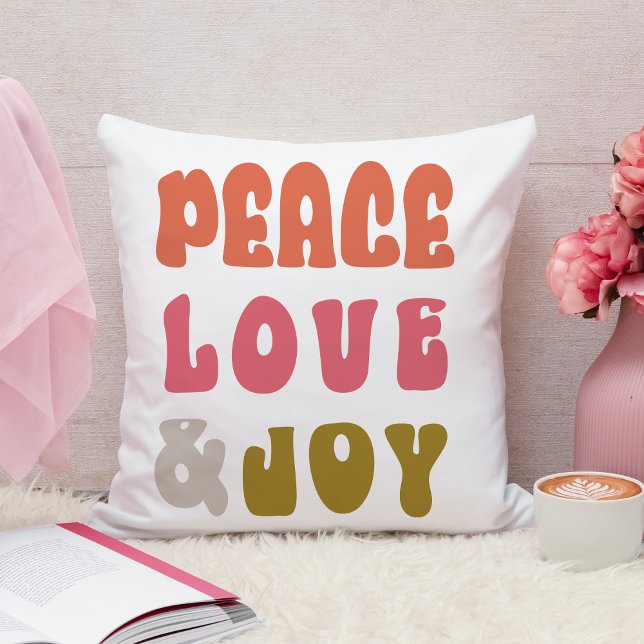 Retro Groovy Peace Love Joy Holiday Kussen (Back Photo Retro Groovy Peace Love Joy Holiday Photo Throw Pillow)