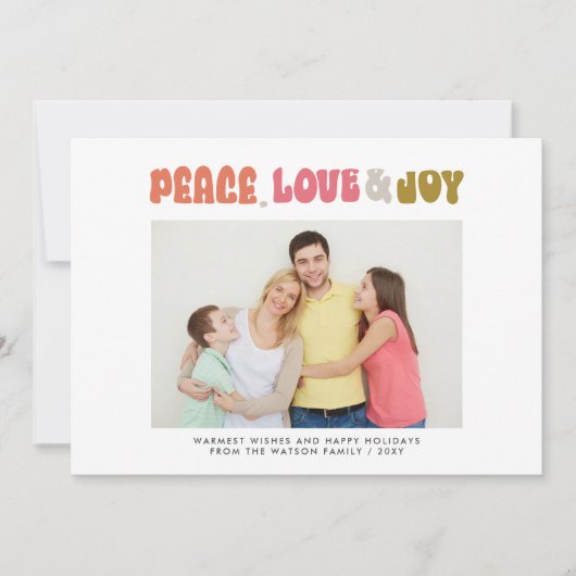 Retro Groovy Peace Love Joy Typografie Foto Feestdagenkaart (Voorkant)