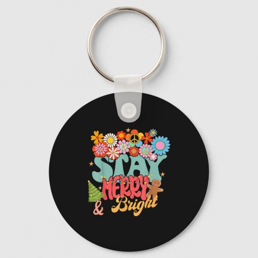 Retro Groovy Peace Stay Christmas Merry Bright Hip Sleutelhanger (Voorkant)