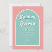 Retro groovy perzik en aqua 70s geïnspireerd huwel kaart (Voorkant)