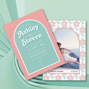 Retro groovy perzik en aqua 70s geïnspireerd huwel kaart