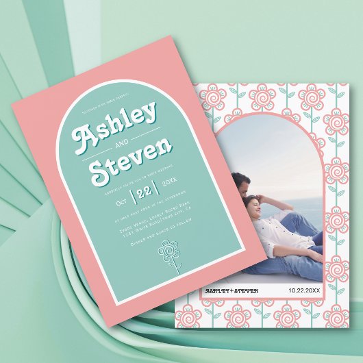 Retro groovy perzik en aqua 70s geïnspireerd huwel kaart