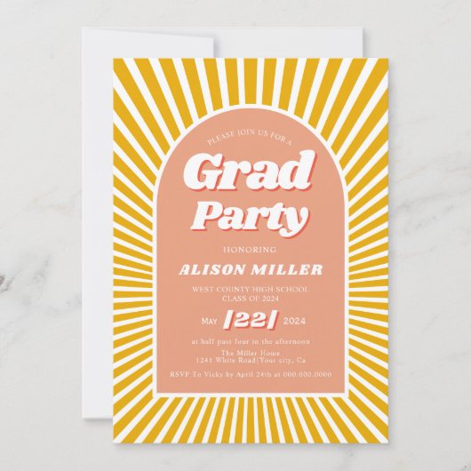 Retro groovy perzik geel zonnestralen 70s Afstuder Kaart (Voorkant)