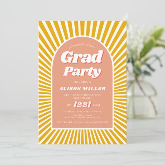 Retro groovy perzik geel zonnestralen 70s Afstuder Kaart (Staand voorkant)