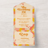 Retro Groovy Pink and Gold Wave Wedding All In One All In One Uitnodiging (Binnen)