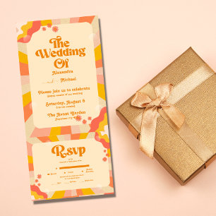 Retro Groovy Pink and Gold Wave Wedding All In One Uitnodiging