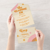 Retro Groovy Pink and Gold Wave Wedding All In One Uitnodiging (Afscheurbaar)