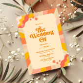 Retro Groovy Pink and Gold Wave Wedding Invitation Kaart
