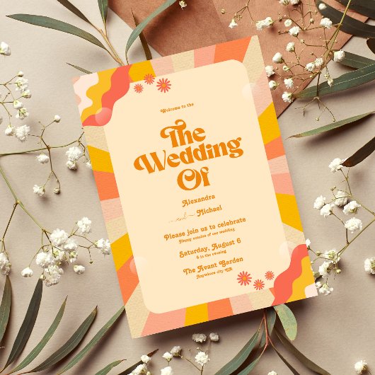 Retro Groovy Pink and Gold Wave Wedding Invitation Kaart