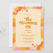 Retro Groovy Pink and Gold Wave Wedding Invitation Kaart (Voorkant)