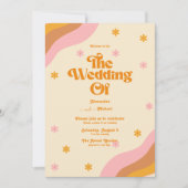 Retro Groovy Pink and Gold Wave Wedding Kaart (Voorkant)