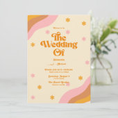 Retro Groovy Pink and Gold Wave Wedding Kaart (Staand voorkant)
