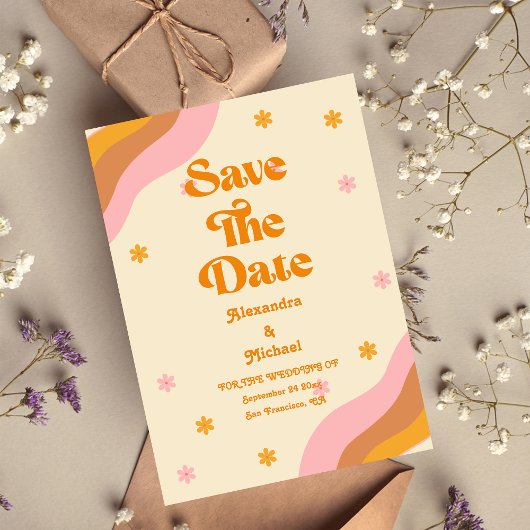 Retro Groovy Pink and Gold Wave Wedding Save The Date