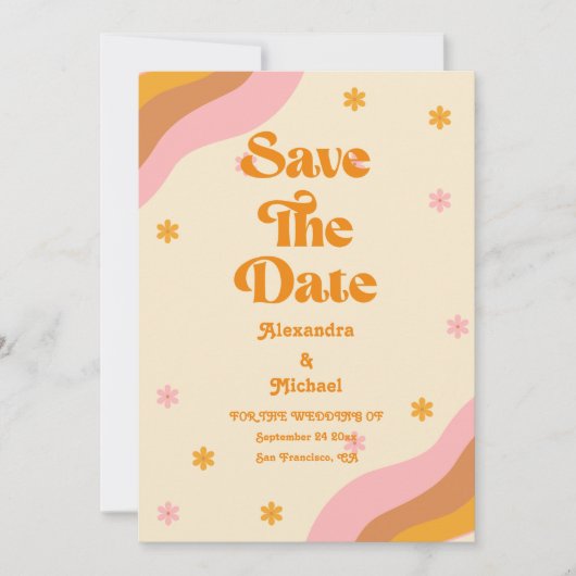 Retro Groovy Pink and Gold Wave Wedding Save The Date (Voorkant)