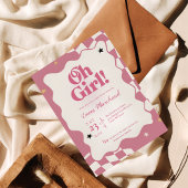 Retro Groovy Pink Checkered Oh Girl Baby Shower Kaart