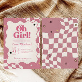 Retro Groovy Pink Checkered Oh Girl Baby Shower Kaart