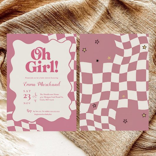 Retro Groovy Pink Checkered Oh Girl Baby Shower Kaart