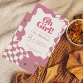 Retro Groovy Pink Checkered Oh Girl Baby Shower Kaart
