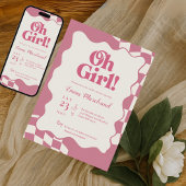 Retro Groovy Pink Checkered Oh Girl Baby Shower Kaart