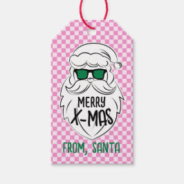 Retro Groovy Pink Checkered Santa Claus Christmas Cadeaulabel
