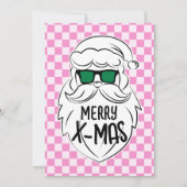 Retro Groovy Pink Checkered Santa Claus Christmas Feestdagenkaart (Voorkant)