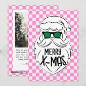 Retro Groovy Pink Checkered Santa Claus Christmas Feestdagenkaart (Voorkant / Achterkant)