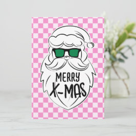 Retro Groovy Pink Checkered Santa Claus Christmas Feestdagenkaart