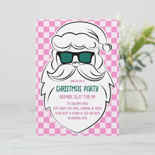 Retro Groovy Pink Checkered Santa Claus Christmas  Kaart (Staand voorkant)
