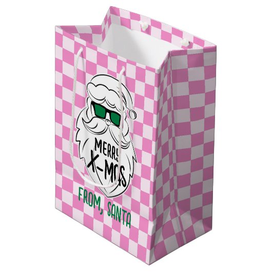 Retro Groovy Pink Checkered Santa Claus Christmas Medium Cadeauzakje (Voorkant Gekanteld)