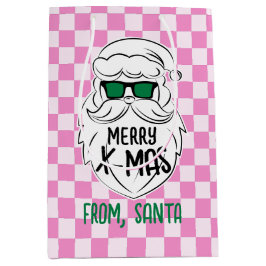 Retro Groovy Pink Checkered Santa Claus Christmas Medium Cadeauzakje